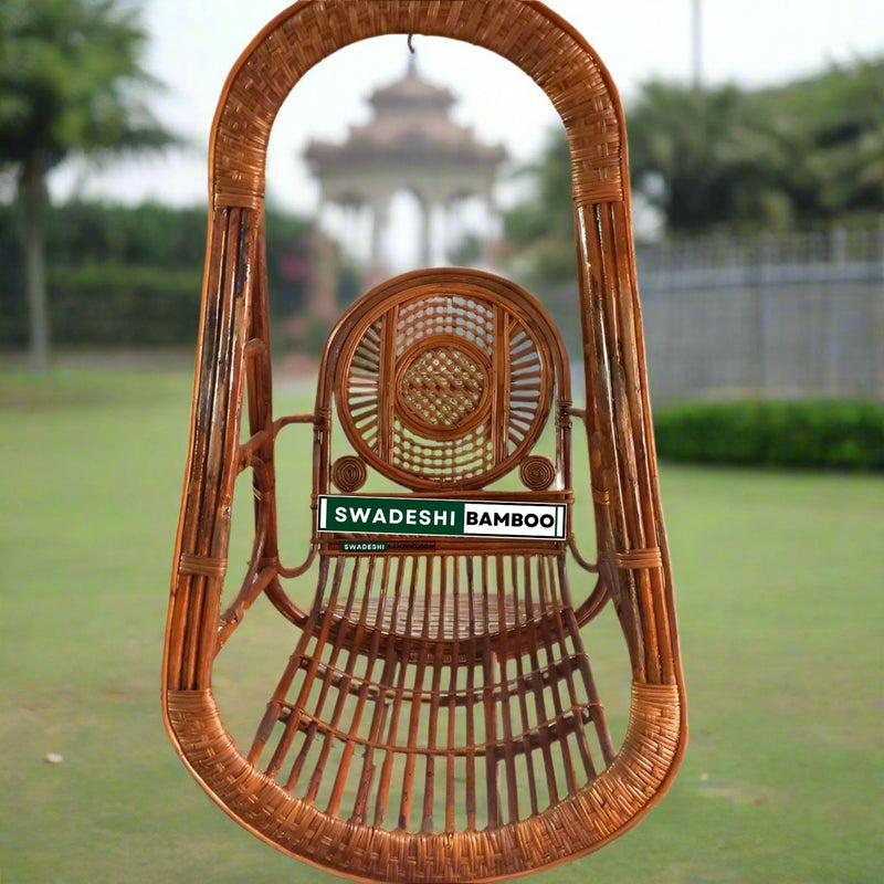 Single Seater Cane Wood Swing Chair | Cane Jhula for Balcony, Patio, Garden, Restaurant | Size- Large