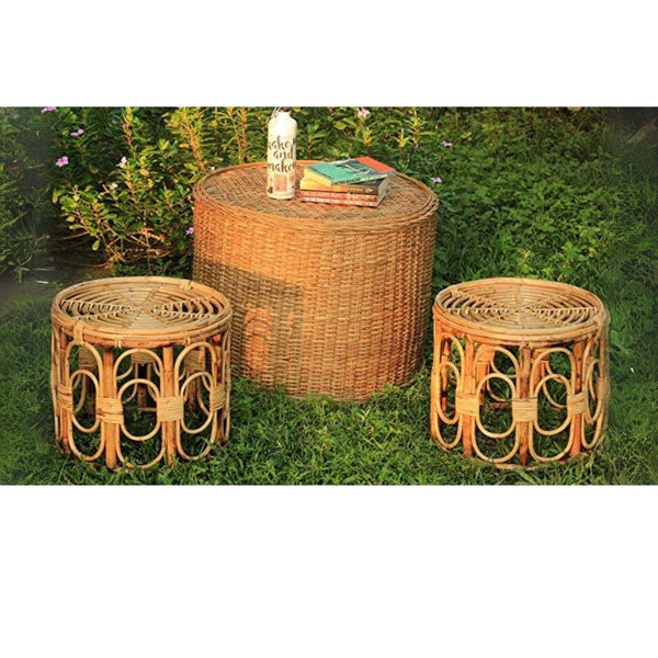 Wooden Bamboo Stool muda | Cane round Muda for Living Room, Balcony and Garden - swadeshibamboo