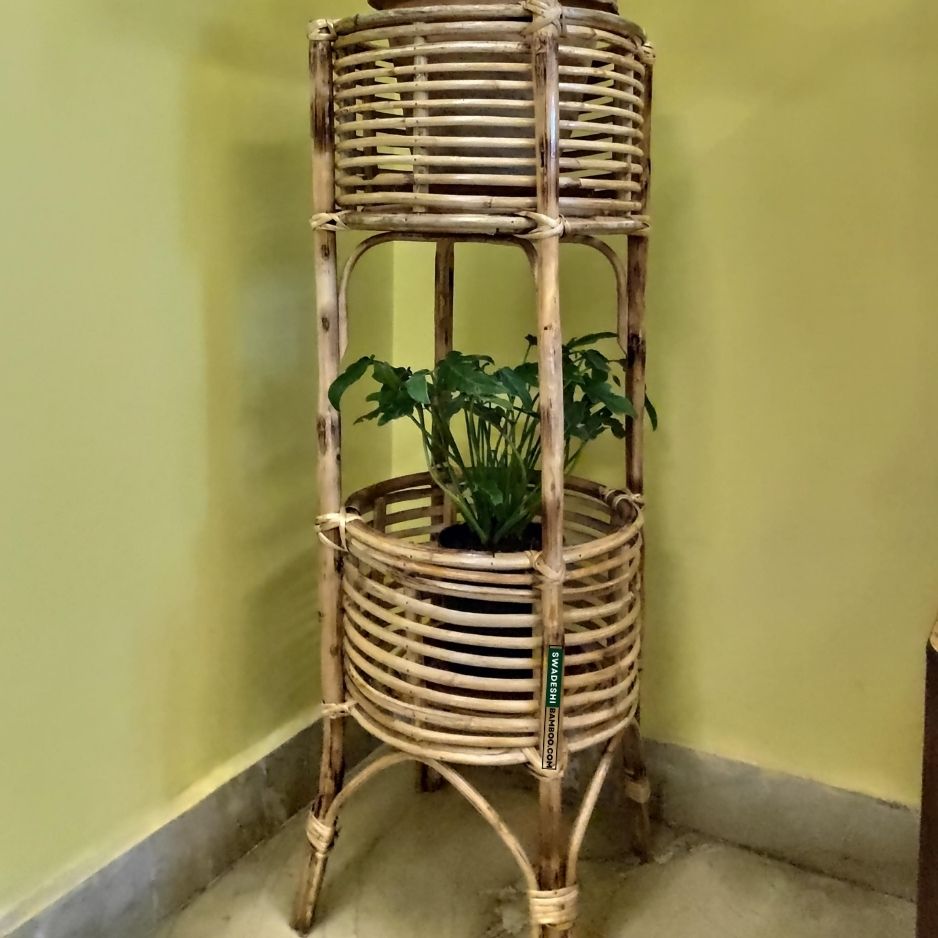 Swadeshi Bamboo Rattan Bamboo Cane Wooden standing Planter Stand for home garden, Balcony, Living, and office 32*11 Inch