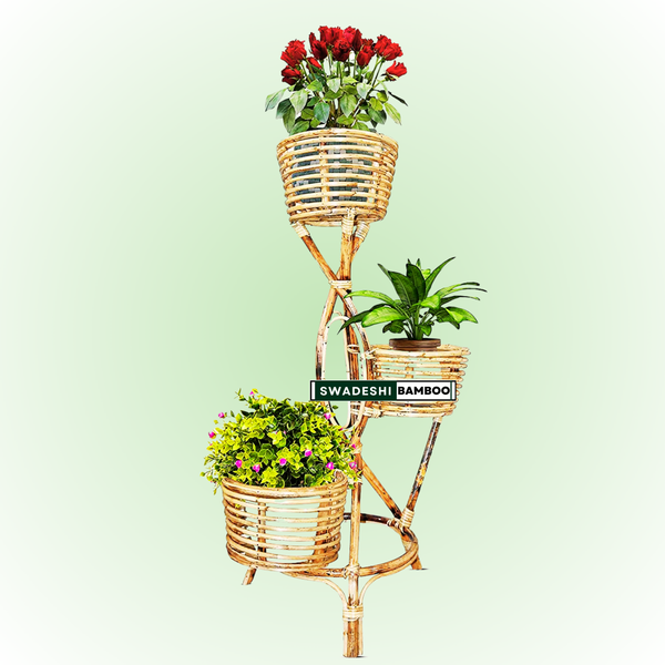 Swadeshi Bamboo Rattan Cane Bamboo Flower Pot Stand for Living Room, Decor, Balcony Large planter, with 3-plant pot stand (set of1)