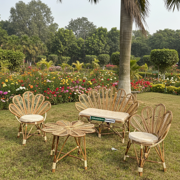 Bamboo Cane Flower Sofa With Chairs Set & Table for Home, Living Room, Office, Outdoor & Indoor