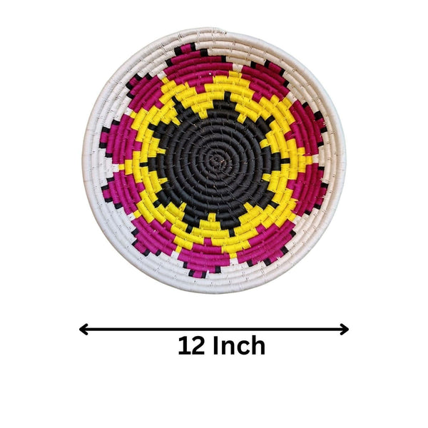 Handwoven Yellow, Pink, Black color Sabai Grass Wall Plate 12 inches - swadeshibamboo