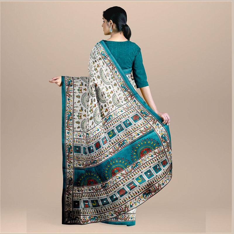 Handloom Khadi Cotton Saree Block print with Plain Blouse (Blue) - swadeshibamboo