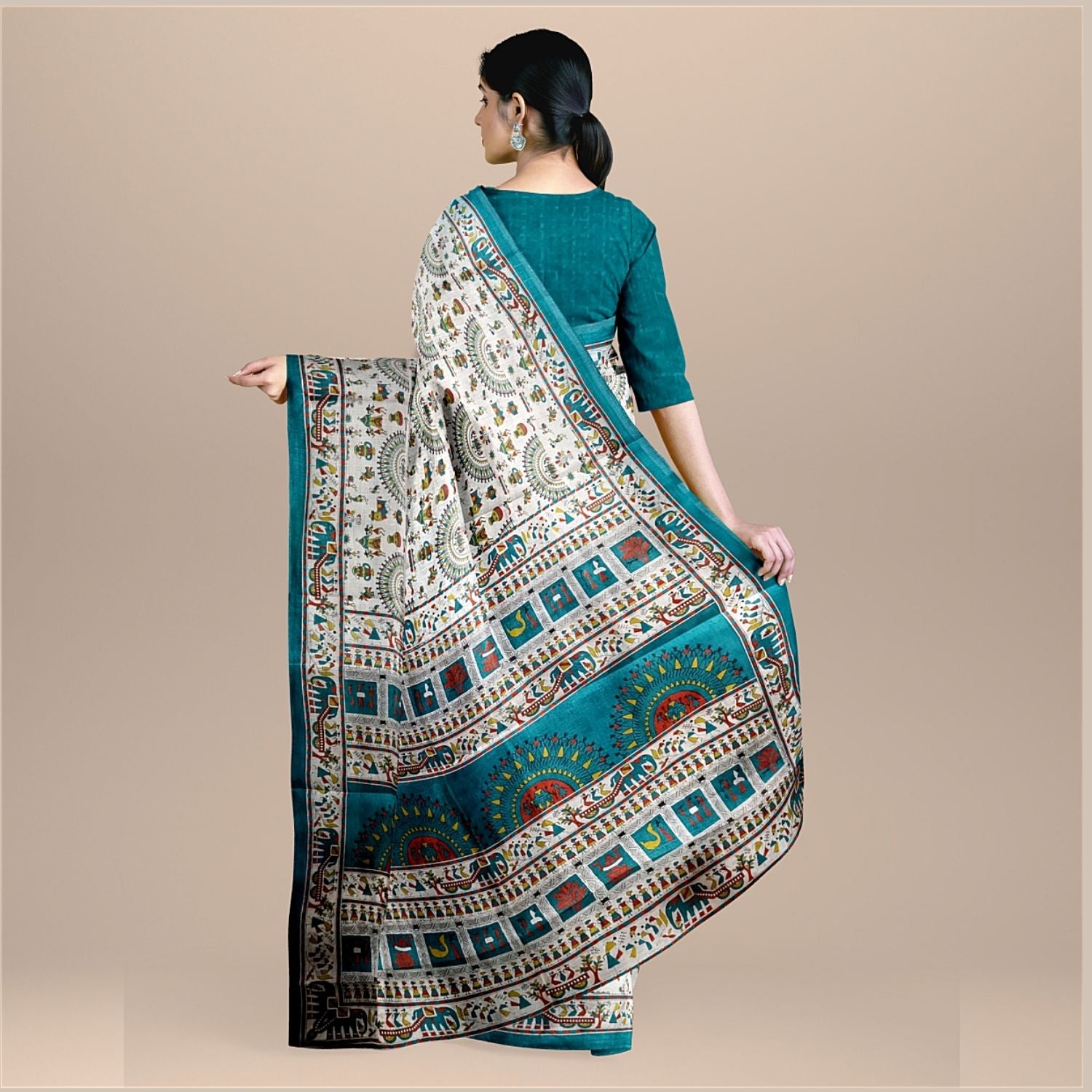 Handloom Khadi Cotton Saree Block print with Plain Blouse (Blue)