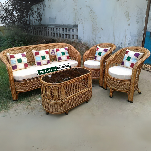 Bamboo Sofa Set with Table for Home, Living Room, Office, Garden, Resort with Cushion (commando bunai)