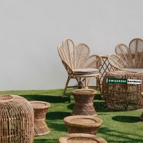 Modern Design Bamboo Cane Chair Set with Table for Living Room, Garden & Balcony |Set of 2 Chairs with Table