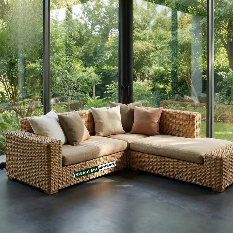 Weaving Cane Sofa Set with L Shaped Rattan Design for Indoors & Outdoors