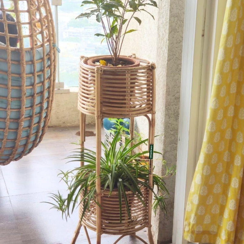 Swadeshi Bamboo Rattan Bamboo Cane Wooden standing Planter Stand for home garden, Balcony, Living, and office 32*11 Inch - swadeshibamboo