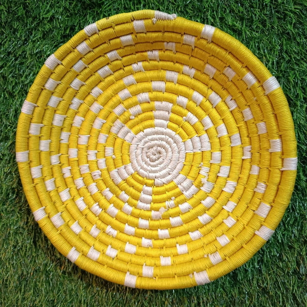 Handwoven Yellow, White color Sabai Grass Wall Plate 11 inches - swadeshibamboo