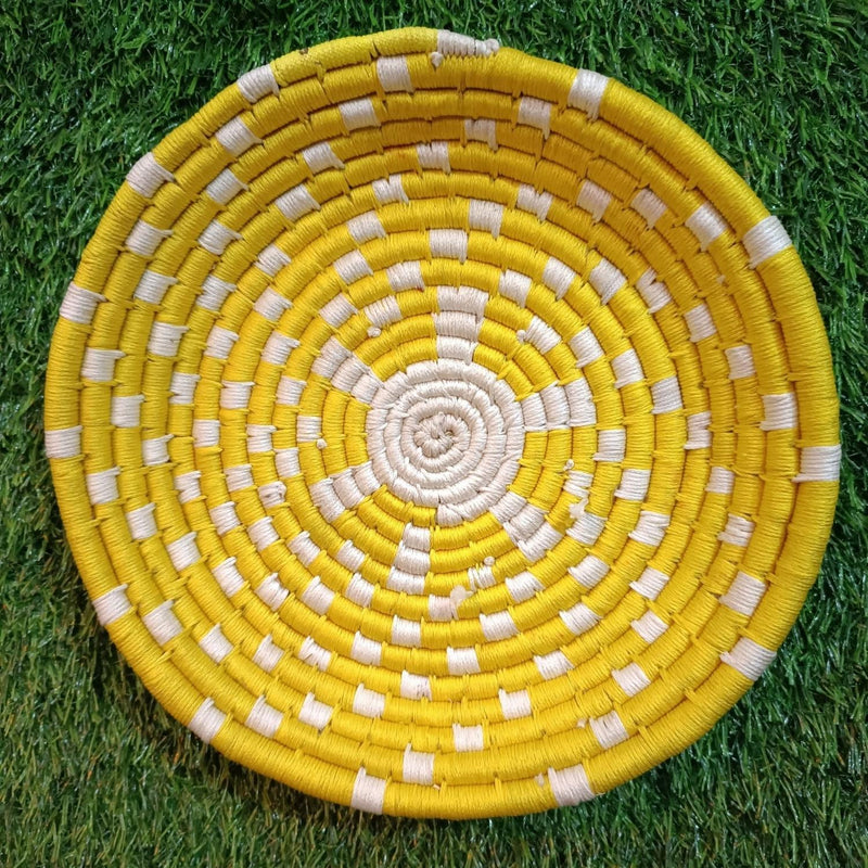 Handwoven Yellow, White color Sabai Grass Wall Plate 11 inches - swadeshibamboo