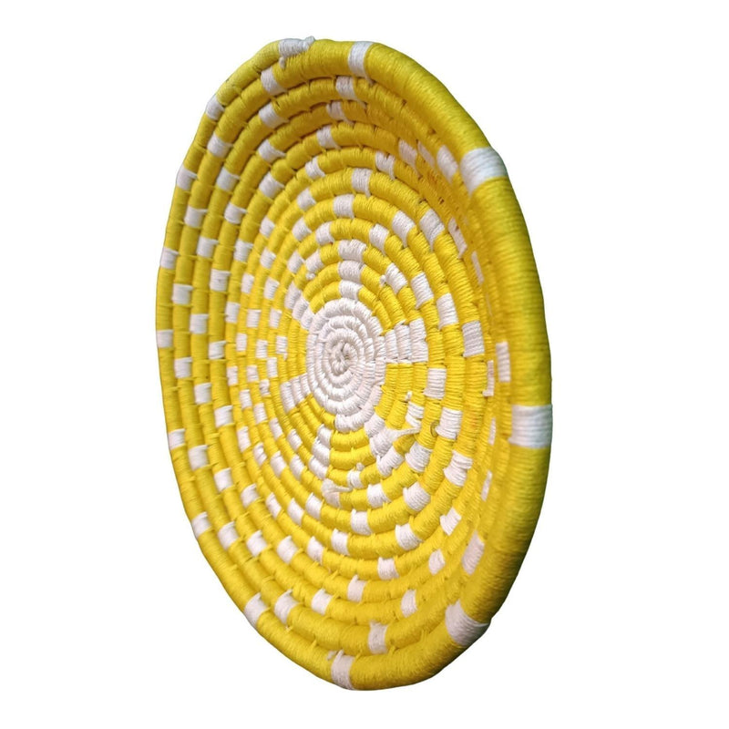 Handwoven Yellow, White color Sabai Grass Wall Plate 11 inches - swadeshibamboo