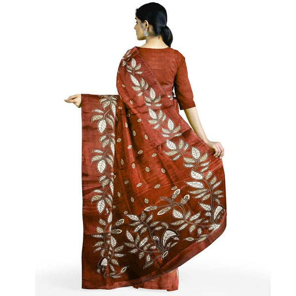 Block print Handloom Khadi Cotton Saree With Plain Blouse (Orange) - swadeshibamboo