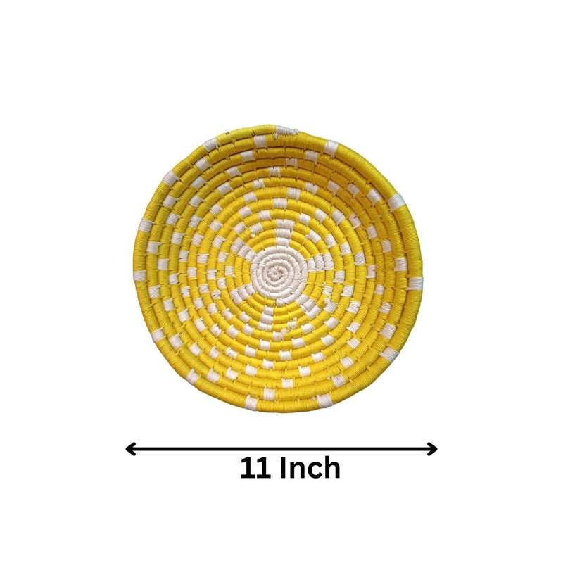 Handwoven Yellow, White color Sabai Grass Wall Plate 11 inches - swadeshibamboo