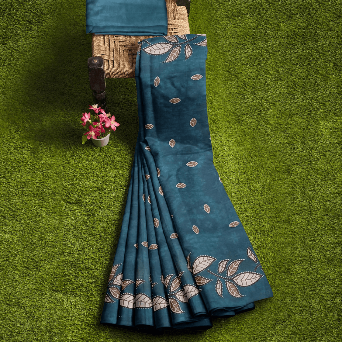 Block print Handloom Khadi Cotton Saree With Plain Blouse (Blue) - swadeshibamboo