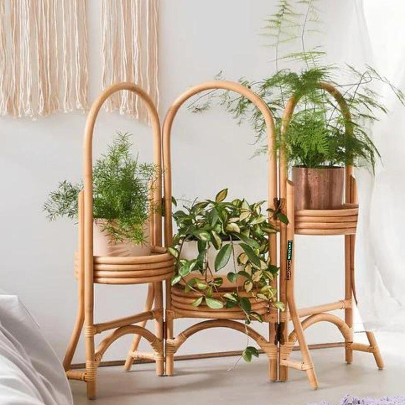 Swadeshi Bamboo (Set of 1) Cane Bamboo Rattan Standing Planter Stand with 3 pot for Garden, Balcony Home and Office - swadeshibamboo