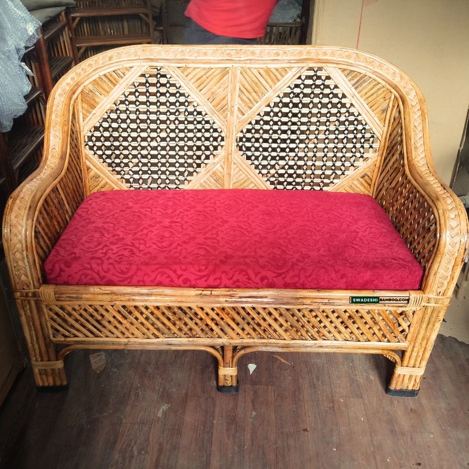 Swadeshi Bamboo Cane Rattan Sofa 2 Seater Couch for Home office Balcony & garden, reception, Hotel & Resort