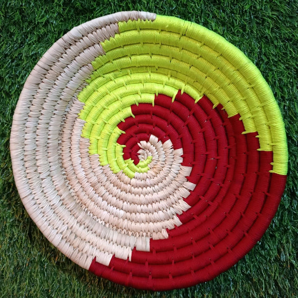 Handwoven Green, Red color Sabai Grass Wall Plate - swadeshibamboo