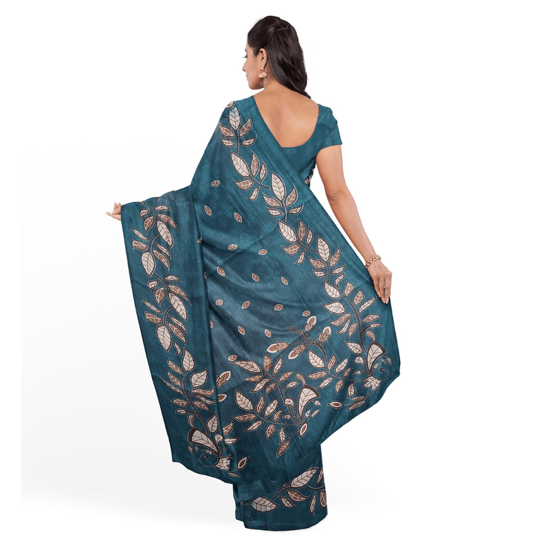 Block print Handloom Khadi Cotton Saree With Plain Blouse (Blue) - swadeshibamboo