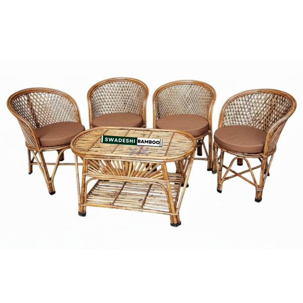 Bamboo Chair Set for Balcony, Garden & Indoor Seating – 4 Chairs + Table
