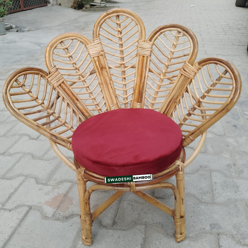 Modern Leaf Design Bamboo Cane Chair for Living Room, Lawn, Restaurant, Studio, Cafe with Cushion