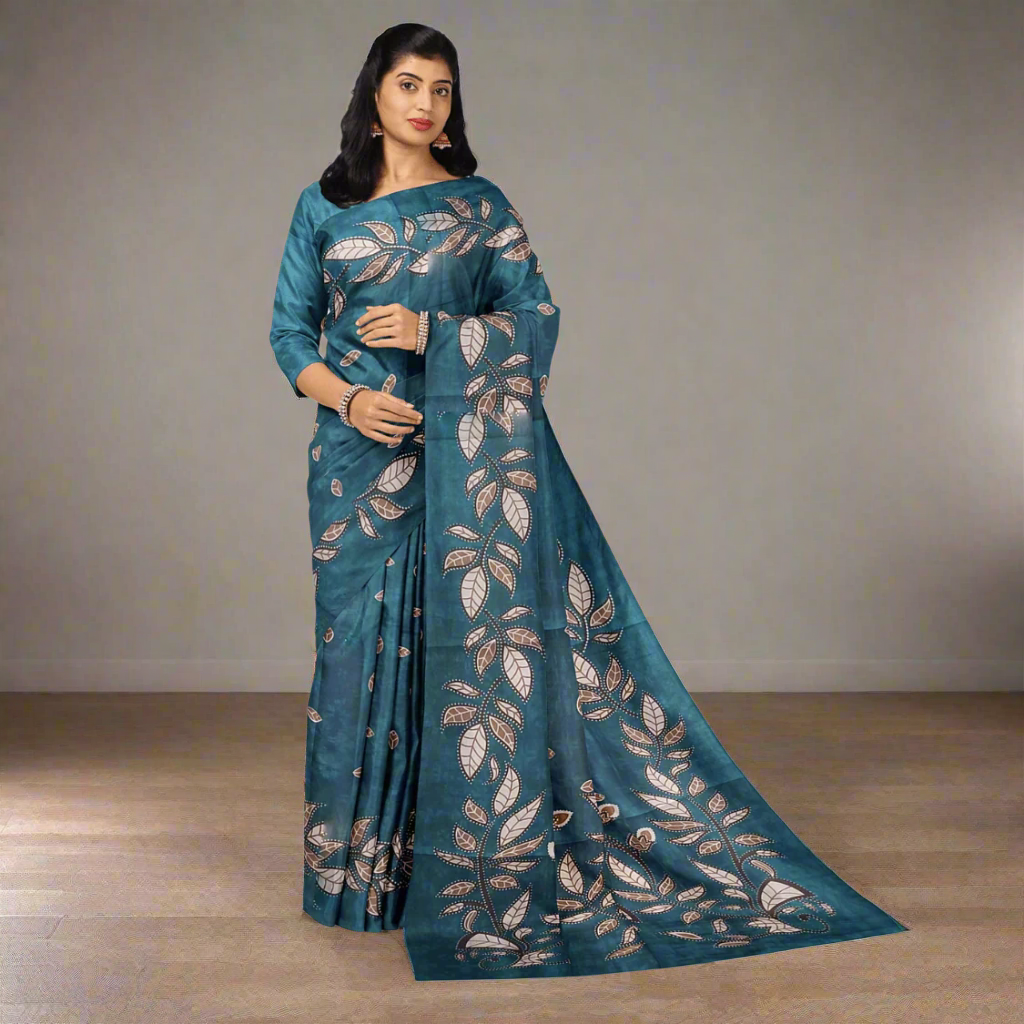 Block print Handloom Khadi Cotton Saree With Plain Blouse (Blue) - swadeshibamboo