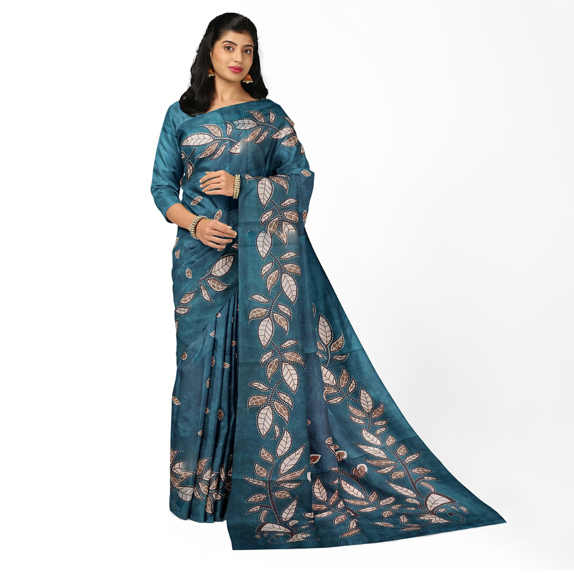 Block print Handloom Khadi Cotton Saree With Plain Blouse (Blue)