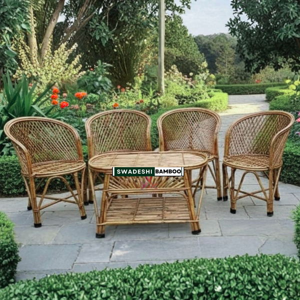Bamboo Chair Set for Balcony, Garden & Indoor Seating – 4 Chairs + Table