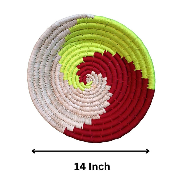 Handwoven Green, Red color Sabai Grass Wall Plate - swadeshibamboo