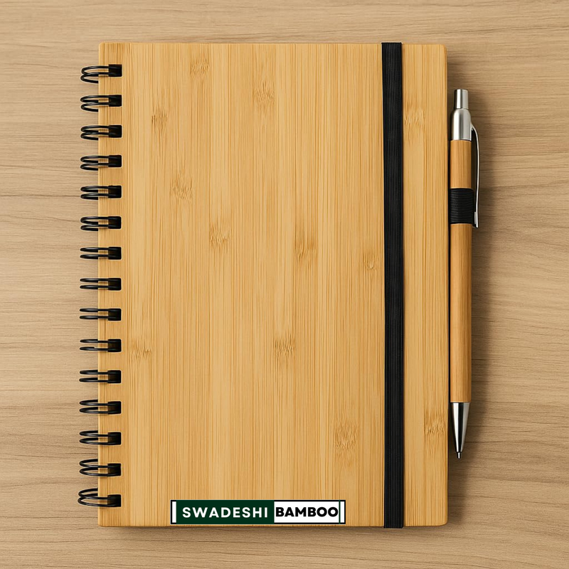 Notebook Design Bamboo Eco-Friendly Bamboo Spiral Notebook with Pen Reusable Hardcover Notepa ...