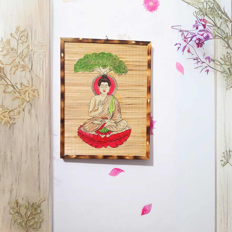 Handcrafted Bamboo Mat Base Wall Hanging Frame of Gautam Buddha for Home and Office/Eco Friendly Product