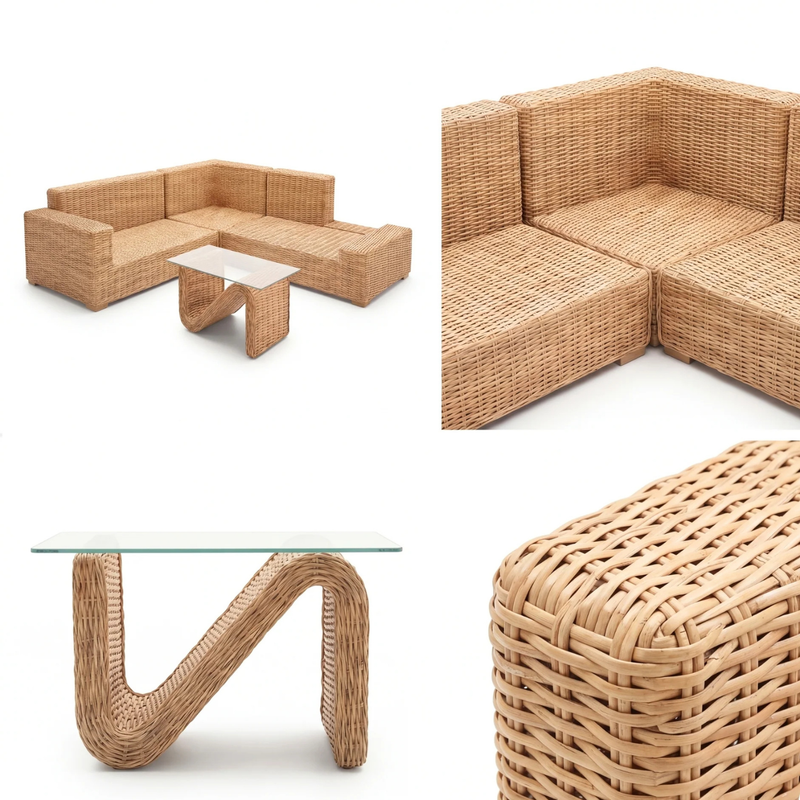Weaving Cane Sofa Set with L Shaped Rattan Design for Indoors & Outdoors