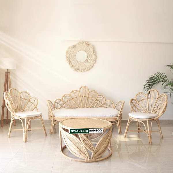 Bamboo Cane Flower Sofa Set With Center Table