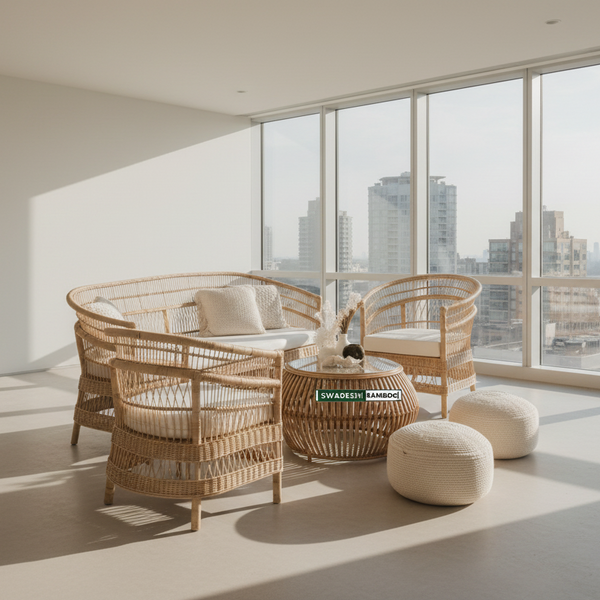 Modern living room with wicker furniture and large windows overlooking a cityscape.