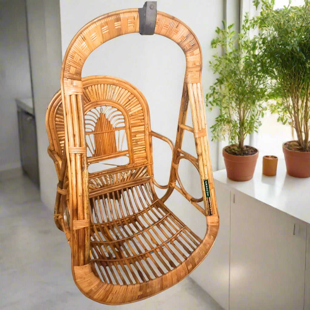 Swadeshi Bamboo Cane Swing Jhula | Single Seater Cane Wood Swing Chair | Indoor and Outdoor swing | Rattan Cane Jhula for Balcony, Patio, Garden, Hotel - swadeshibamboo