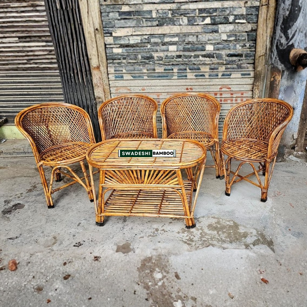 Bamboo Chair Set for Balcony, Garden & Indoor Seating – 4 Chairs + Table