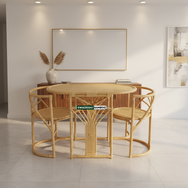 Dining area with a round bamboo table and chairs in a modern interior setting.