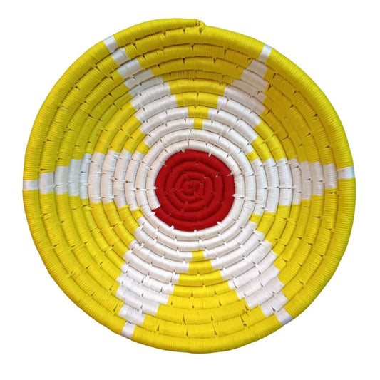 Handwoven Yellow, White color Sabai Grass Wall Plate 11 inches - swadeshibamboo