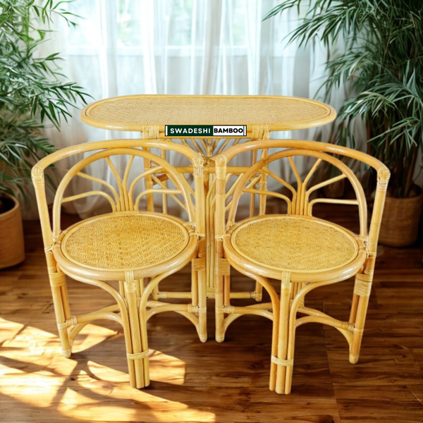 Cane Dining Table Set | Handcrafted Rattan Furniture | Set of 2 Chairs with Table