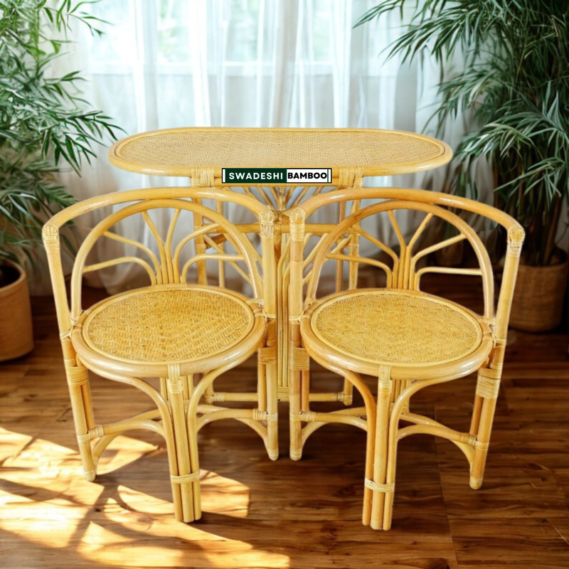 Cane Dining Table Set | Handcrafted Rattan Furniture | Set of 2 Chairs with Table
