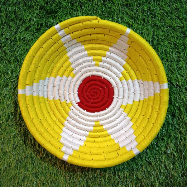 Handwoven Yellow, White color Sabai Grass Wall Plate 11 inches - swadeshibamboo