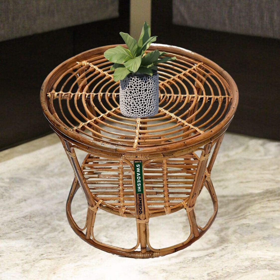 Cane Wicker Bamboo Round center Table | Tea Coffee Table for Home, office, Garden and Balcony