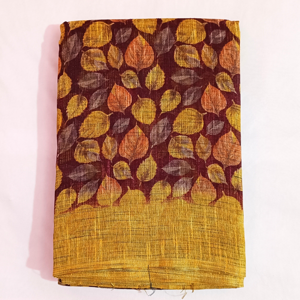 Women's Khadi Floral Print Designer Saree (Yellow)