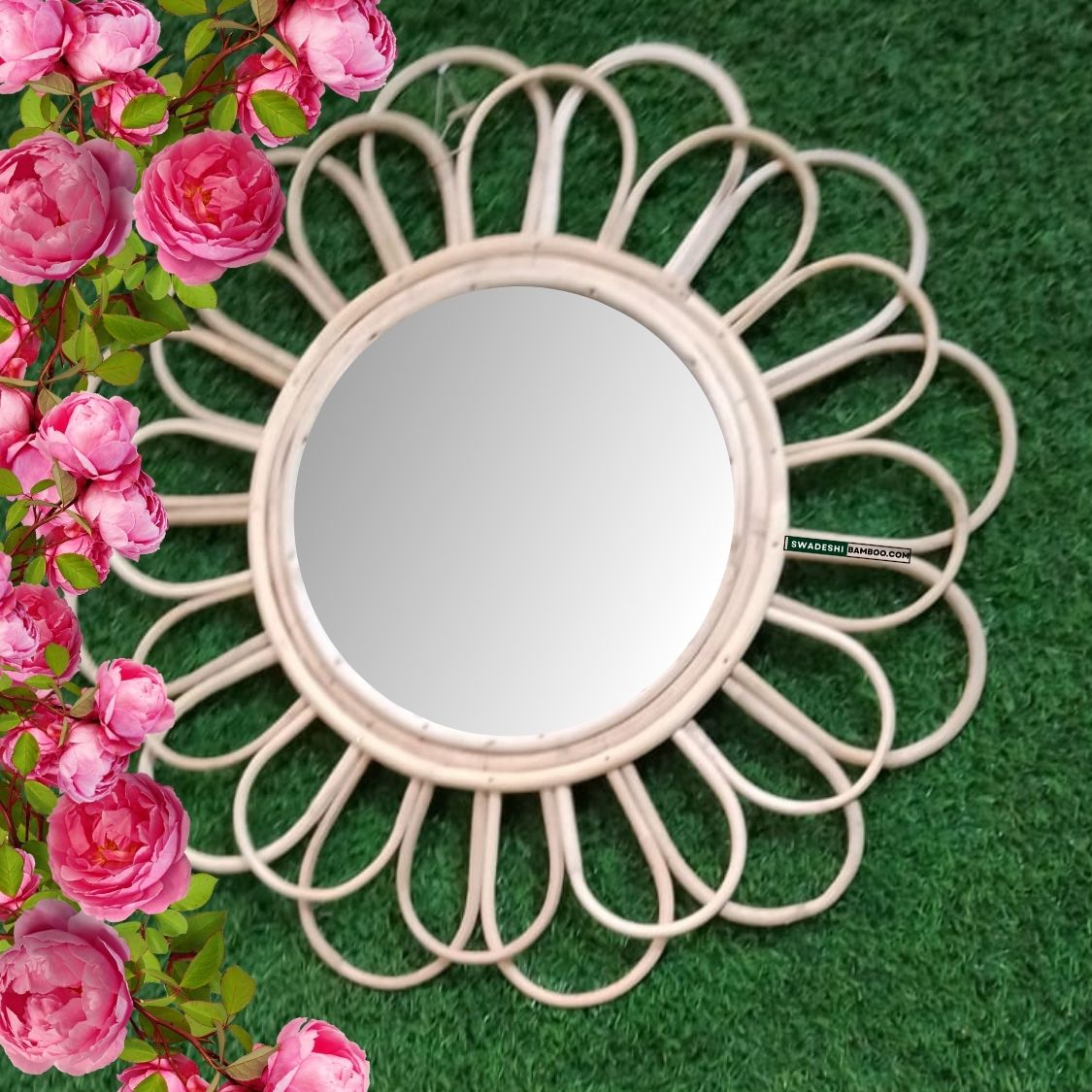 Swadeshi Bamboo Wall mirror round Rattan Flower, wall decoration, Boho Mirror Rattan, Wicker Made Mirrors