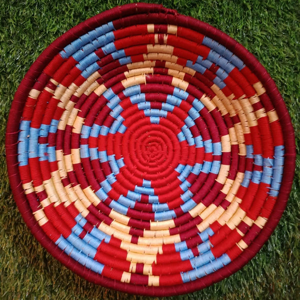 Handwoven Red, Blue and Cream color Sabai Grass Wall Plate 12 inches - swadeshibamboo