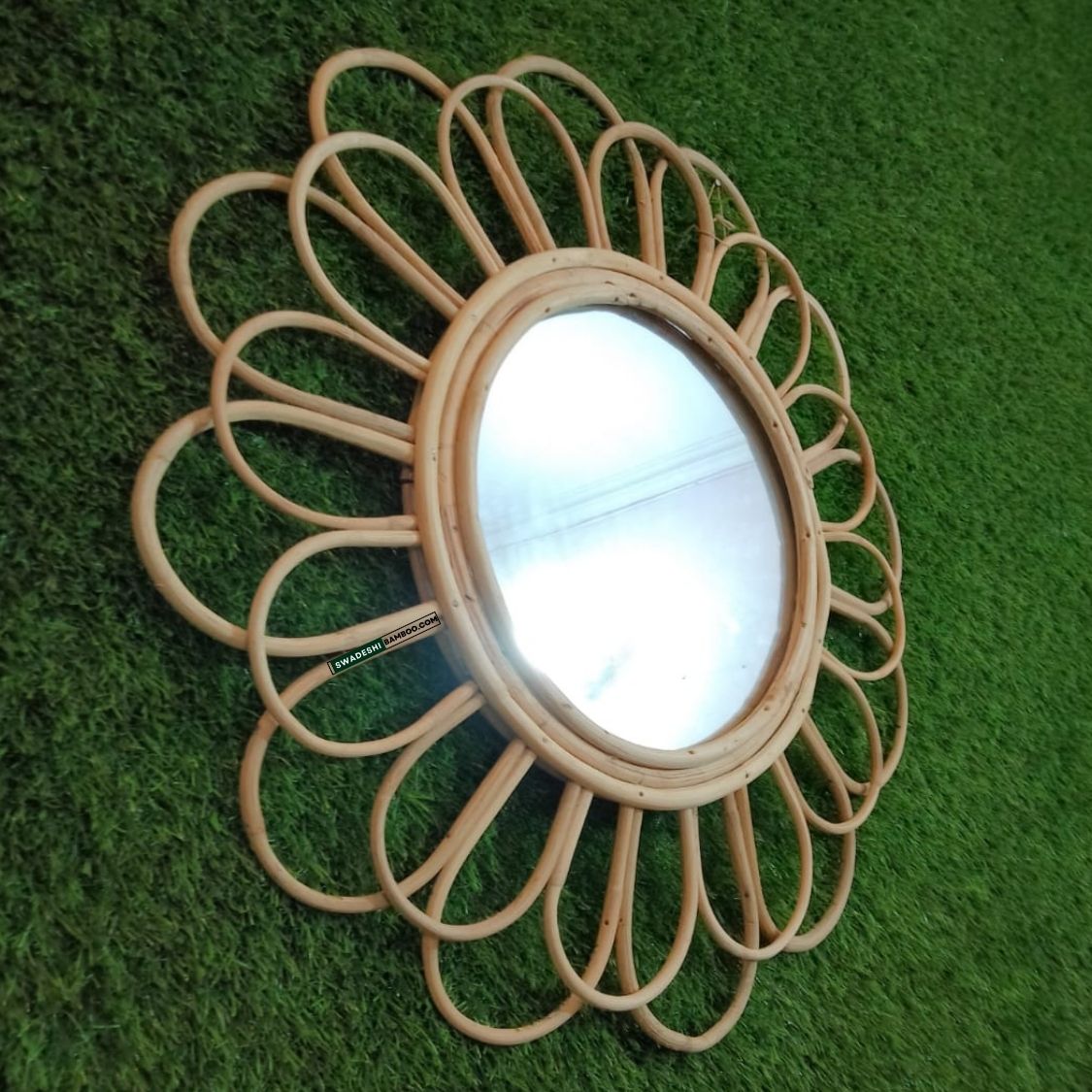 Swadeshi Bamboo Wall mirror round Rattan Flower, wall decoration, Boho Mirror Rattan, Wicker Made Mirrors