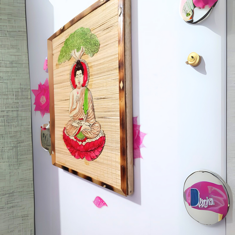 Handcrafted Bamboo Mat Base Wall Hanging Frame of Gautam Buddha for Home and Office/Eco Friendly Product