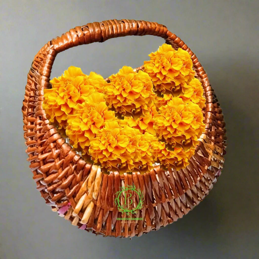 Hamper Decorative Flower Moon handle Basket Fruit & Flower Wicker Baskets (10") - swadeshibamboo