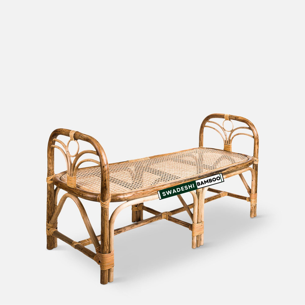 Rattan bench with 'Swadeshi Bamboo' label on a white background