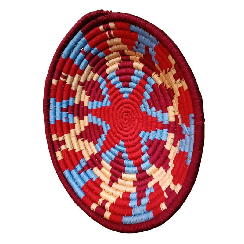 Handwoven Red, Blue and Cream color Sabai Grass Wall Plate 12 inches - swadeshibamboo