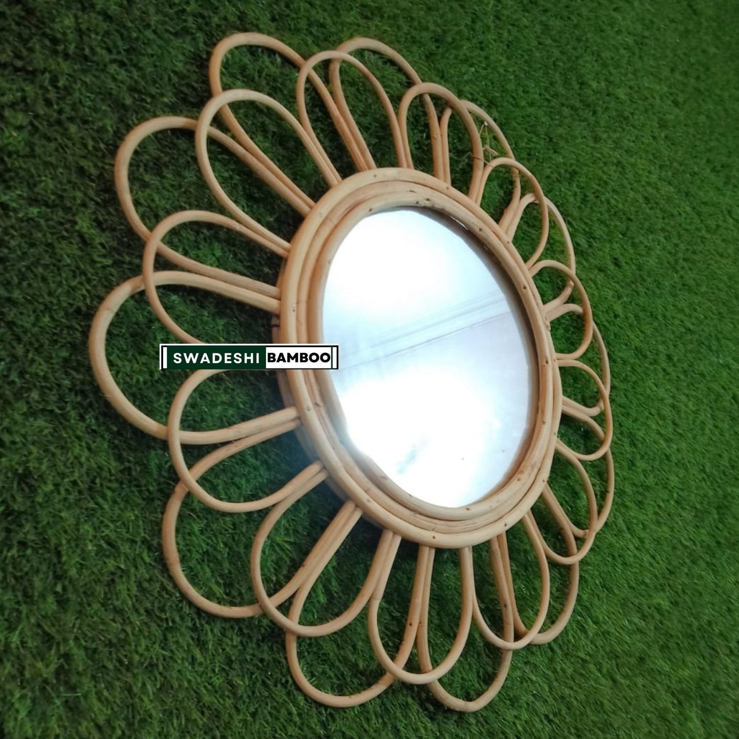 Swadeshi Bamboo Wall mirror round Flower- wall decoration, Boho Mirror Rattan, Mirror Wall Decor Mirror, Wicker Made Mirrors